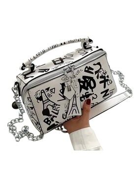 Graffiti Trendy Chain White Box Bag with Crossbody Chain Strap